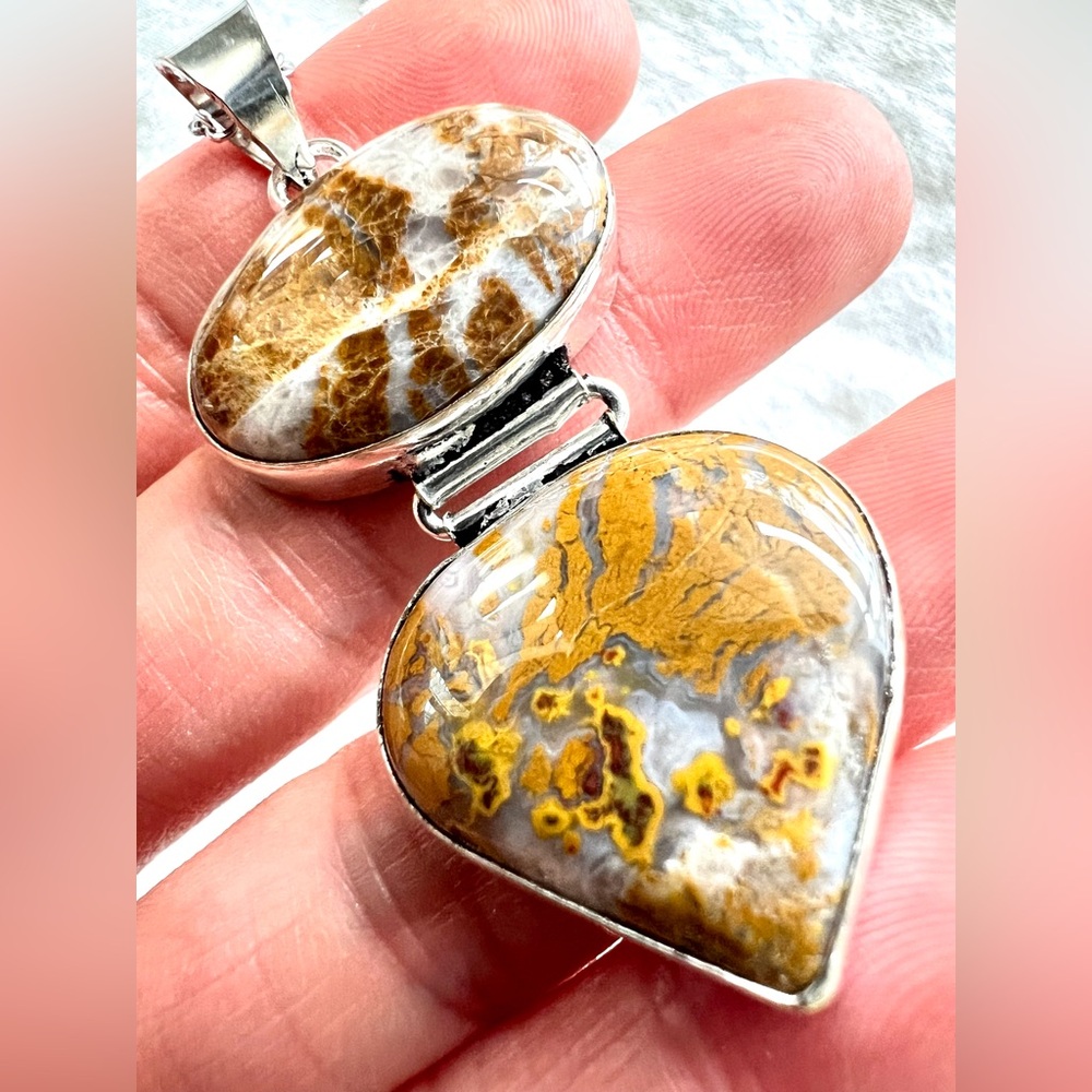 925 Double Yellow Moss Agate Pendant Necklace - Picture 5 of 8